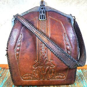 Vintage Leather Purse 1930s Hand Tooled Leaf Scroll Metal Clasp Brown Satchel